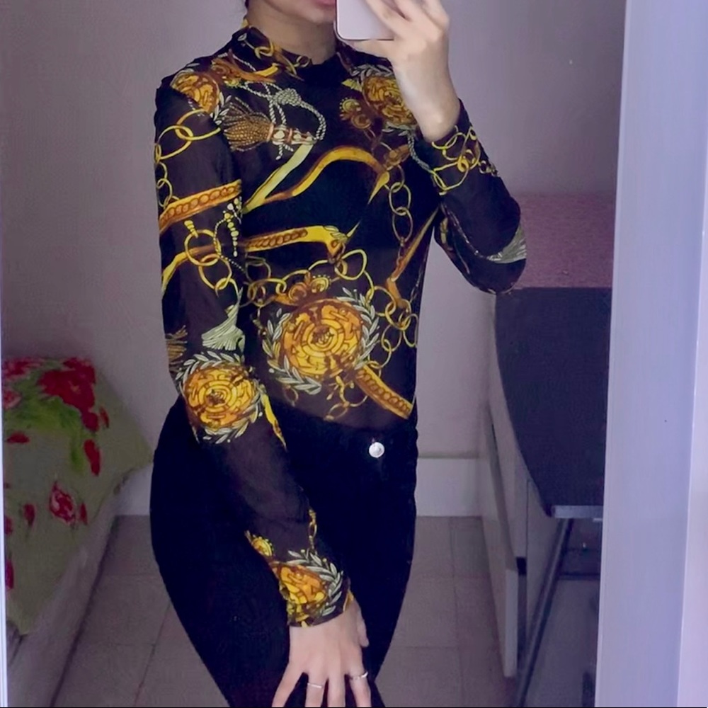 Chain print sheer mesh top